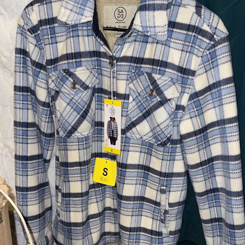 Cascade Collective Sky Blue and Cream Plaid Teddy Jacket